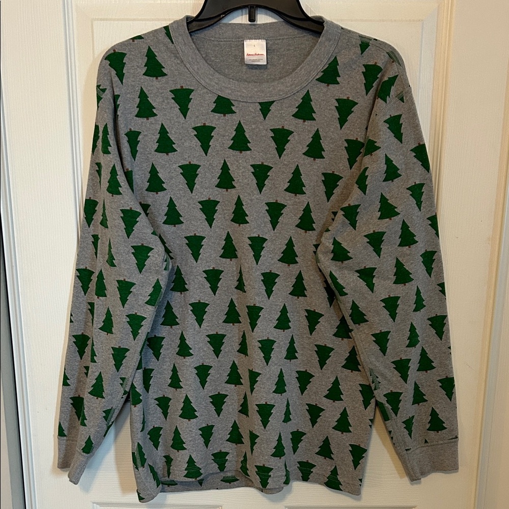 HANNA ANDERSON Grey Long Sleeve T-Shirt PJ with Green Tree Design Large